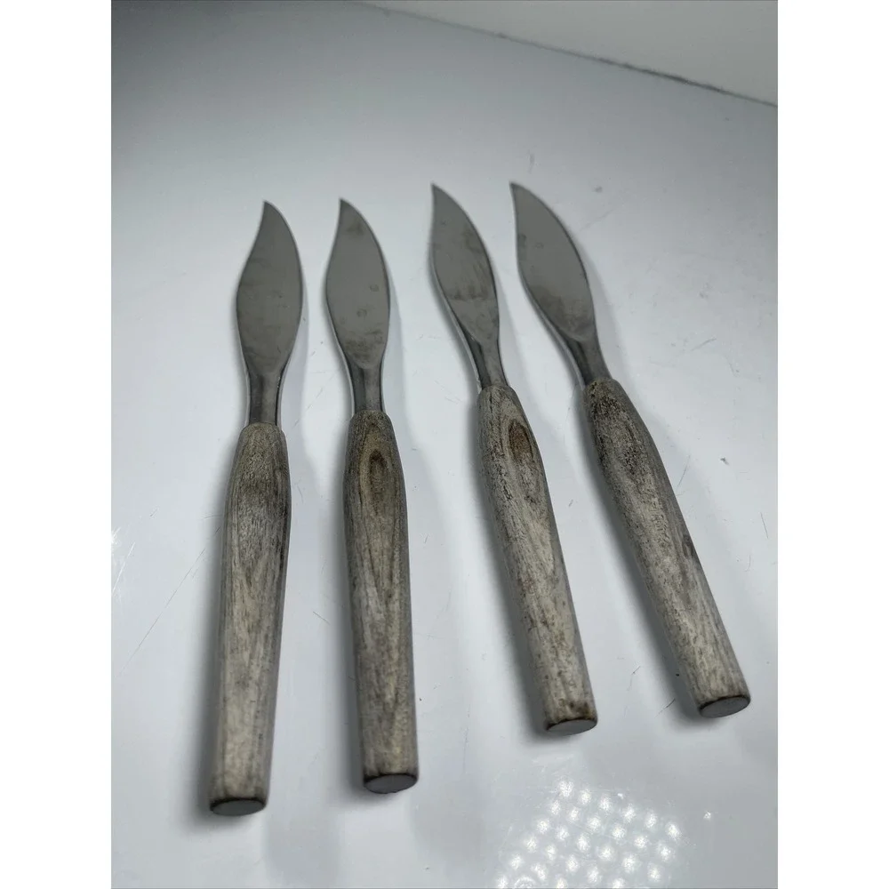 4 Vintage MODE DANISH Steak Knives MCM Gray Wood Farmhouse STAINLESS Shefield